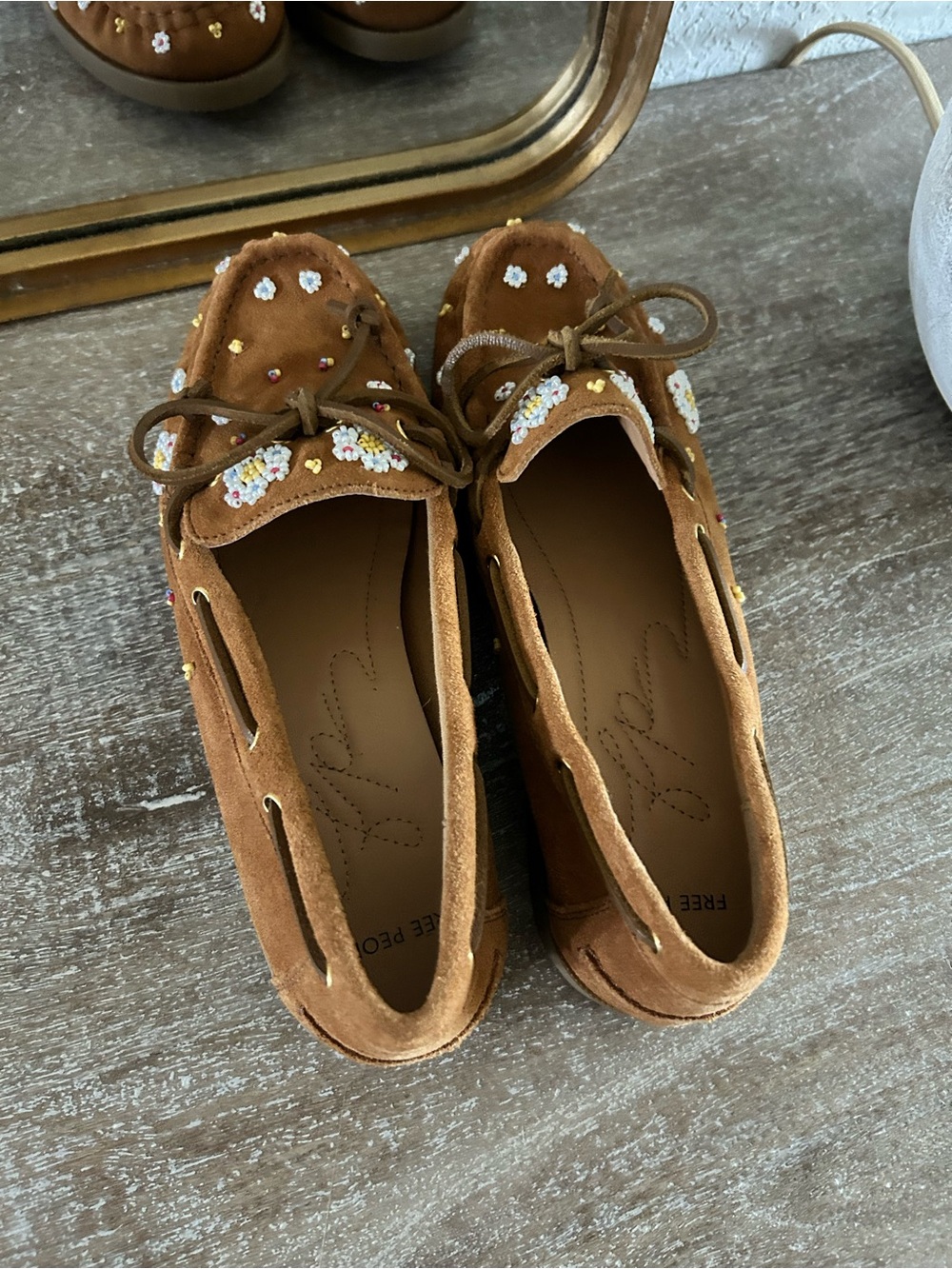 New Free People Sandy Seed Beaded Suede Boat Shoes - Picture 4 of 5